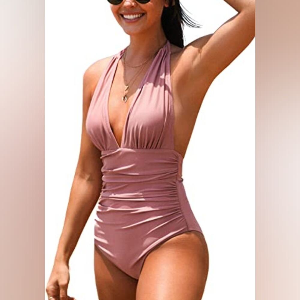 New Pink One Piece Swimsuit Halter Backless 375 Tummy Control‎ Bathing Suit S